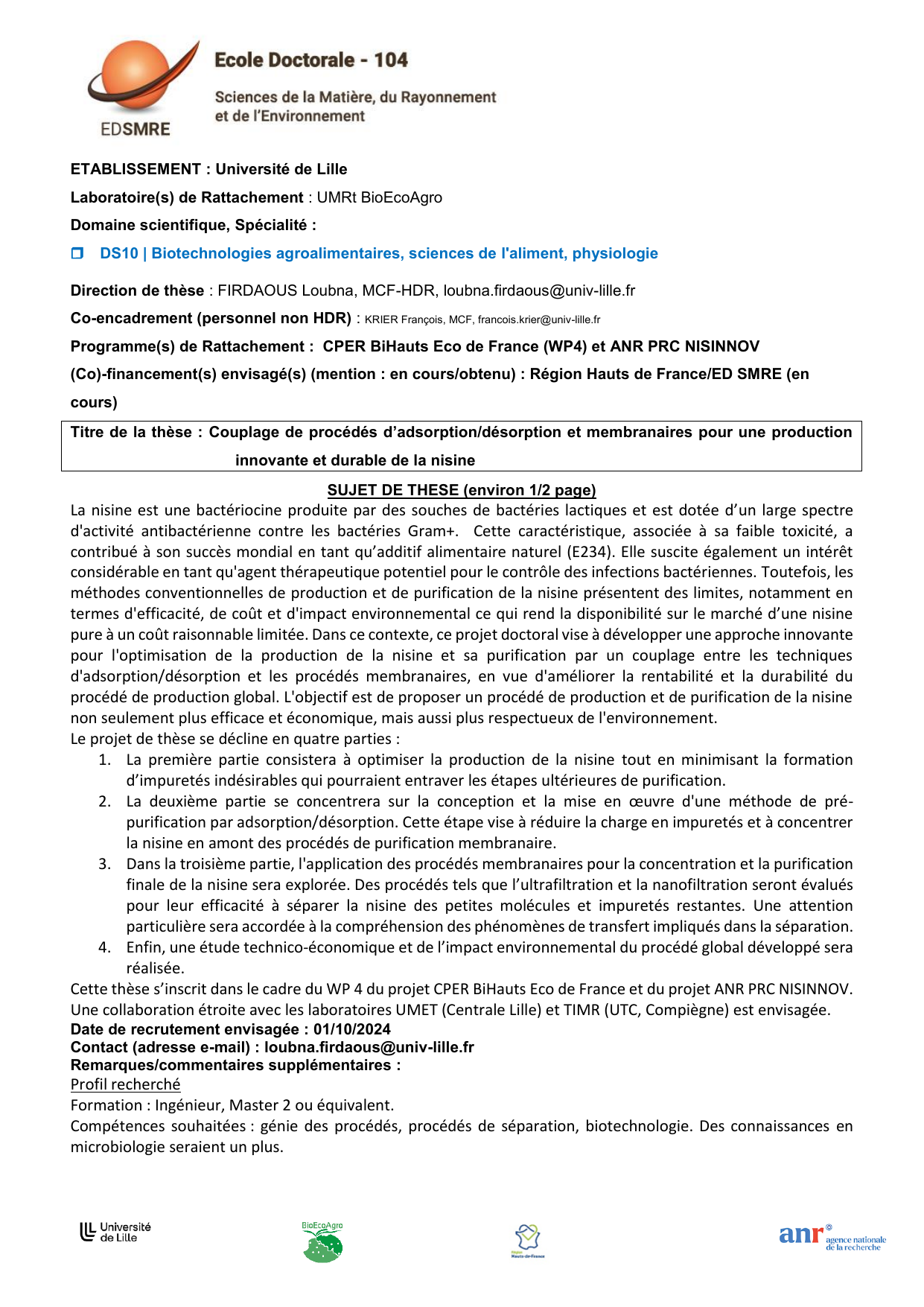 Sujet officiel de la thèse sur la production durable de nisine